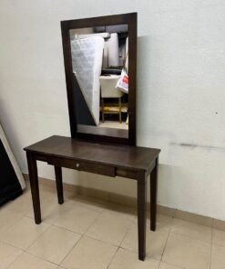 A dark brown (espresso) wooden vanity table with a minimalist design, featuring a rectangular surface, a small central drawer, and an upright vertical mirror set within a tall wooden frame. - Image 8