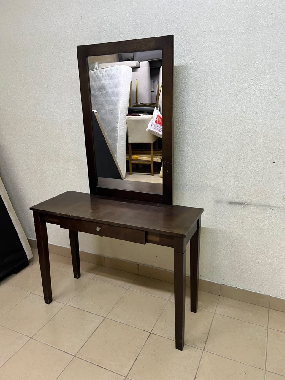 A dark brown (espresso) wooden vanity table with a minimalist design, featuring a rectangular surface, a small central drawer, and an upright vertical mirror set within a tall wooden frame. - Image 8