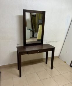 A dark brown (espresso) wooden vanity table with a minimalist design, featuring a rectangular surface, a small central drawer, and an upright vertical mirror set within a tall wooden frame. - Image 9