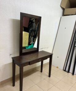 A dark brown (espresso) wooden vanity table with a minimalist design, featuring a rectangular surface, a small central drawer, and an upright vertical mirror set within a tall wooden frame. - Image 5