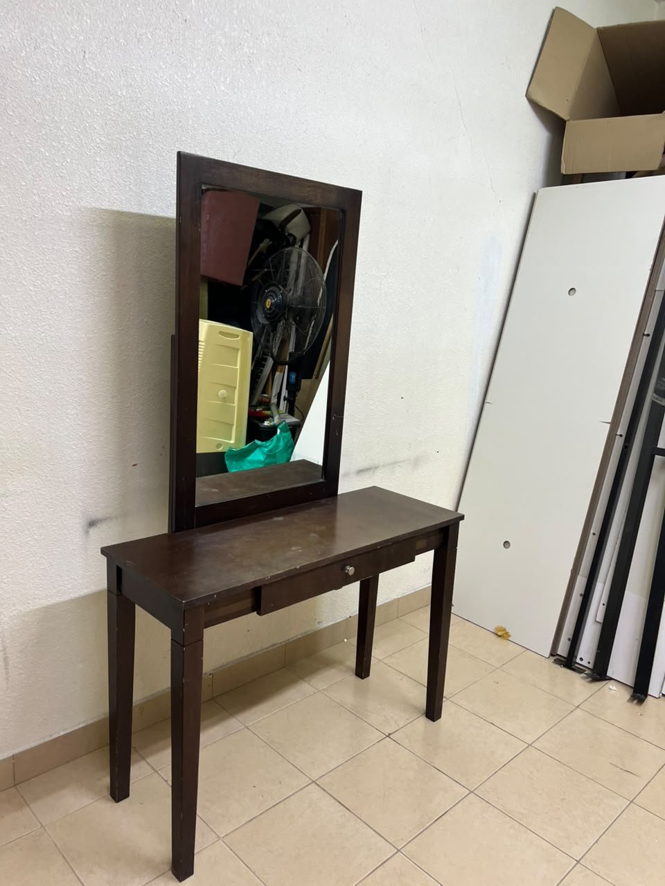 A dark brown (espresso) wooden vanity table with a minimalist design, featuring a rectangular surface, a small central drawer, and an upright vertical mirror set within a tall wooden frame. - Image 5