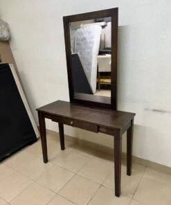 A dark brown (espresso) wooden vanity table with a minimalist design, featuring a rectangular surface, a small central drawer, and an upright vertical mirror set within a tall wooden frame. - Image 4