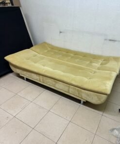 yellow velvet sofa bed with a tufted, segmented design. - Image 9