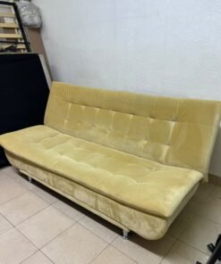 yellow velvet sofa bed with a tufted, segmented design. - Image 2