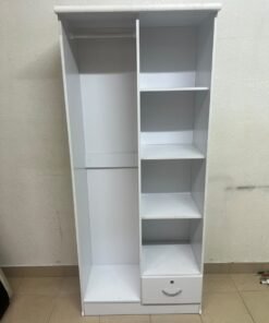 A freestanding, white, geometric wooden wardrobe (closet). - Image 4