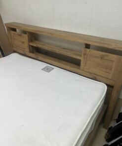 A modern-style wooden double bed (king or queen size) with a mattress, featuring a headboard equipped with shelves and storage cabinets—from Home Centre. - Image 9