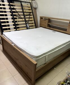 A modern-style wooden double bed (king or queen size) with a mattress, featuring a headboard equipped with shelves and storage cabinets—from Home Centre. - Image 10