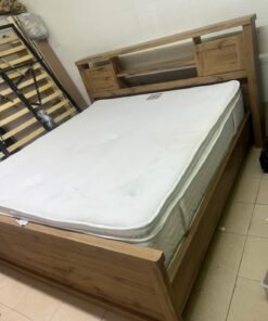 A modern-style wooden double bed (king or queen size) with a mattress, featuring a headboard equipped with shelves and storage cabinets—from Home Centre. - Image 12