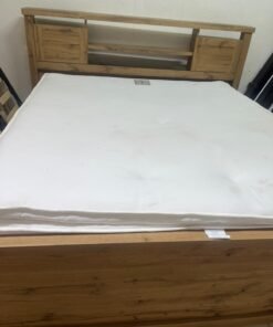 A modern-style wooden double bed (king or queen size) with a mattress, featuring a headboard equipped with shelves and storage cabinets—from Home Centre. - Image 2