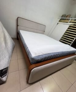 A bed with a mattress, featuring a solid wood frame—such as the "Oboro" or "Nordome" models available at Danube Home—in a super king size (160×200 cm), finished in beige with a brown wooden frame. - Image 5