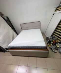 A bed with a mattress, featuring a solid wood frame—such as the "Oboro" or "Nordome" models available at Danube Home—in a super king size (160×200 cm), finished in beige with a brown wooden frame. - Image 7