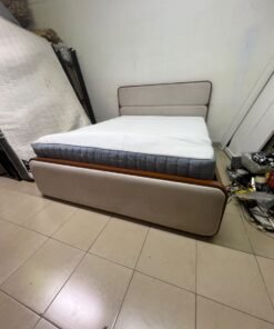 A bed with a mattress, featuring a solid wood frame—such as the "Oboro" or "Nordome" models available at Danube Home—in a super king size (160×200 cm), finished in beige with a brown wooden frame. - Image 11