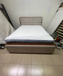 A bed with a mattress, featuring a solid wood frame—such as the "Oboro" or "Nordome" models available at Danube Home—in a super king size (160×200 cm), finished in beige with a brown wooden frame. - Image 2