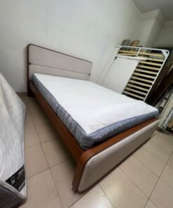 A bed with a mattress, featuring a solid wood frame—such as the "Oboro" or "Nordome" models available at Danube Home—in a super king size (160×200 cm), finished in beige with a brown wooden frame. - Image 10