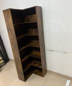 An L-shaped corner bookshelf, crafted from engineered wood in a dark, rustic brown (Vintage/Amber Pine) finish. - Image 2