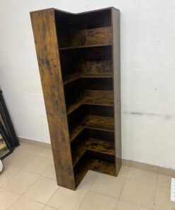 An L-shaped corner bookshelf, crafted from engineered wood in a dark, rustic brown (Vintage/Amber Pine) finish. - Image 5