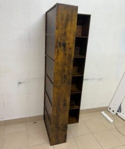 An L-shaped corner bookshelf, crafted from engineered wood in a dark, rustic brown (Vintage/Amber Pine) finish. - Image 7