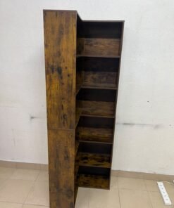 An L-shaped corner bookshelf, crafted from engineered wood in a dark, rustic brown (Vintage/Amber Pine) finish. - Image 9