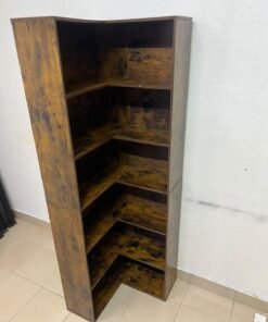 An L-shaped corner bookshelf, crafted from engineered wood in a dark, rustic brown (Vintage/Amber Pine) finish. - Image 10