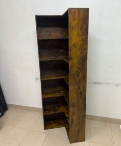 An L-shaped corner bookshelf, crafted from engineered wood in a dark, rustic brown (Vintage/Amber Pine) finish. - Image 3