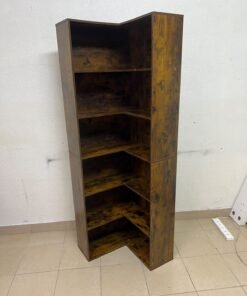 An L-shaped corner bookshelf, crafted from engineered wood in a dark, rustic brown (Vintage/Amber Pine) finish. - Image 4