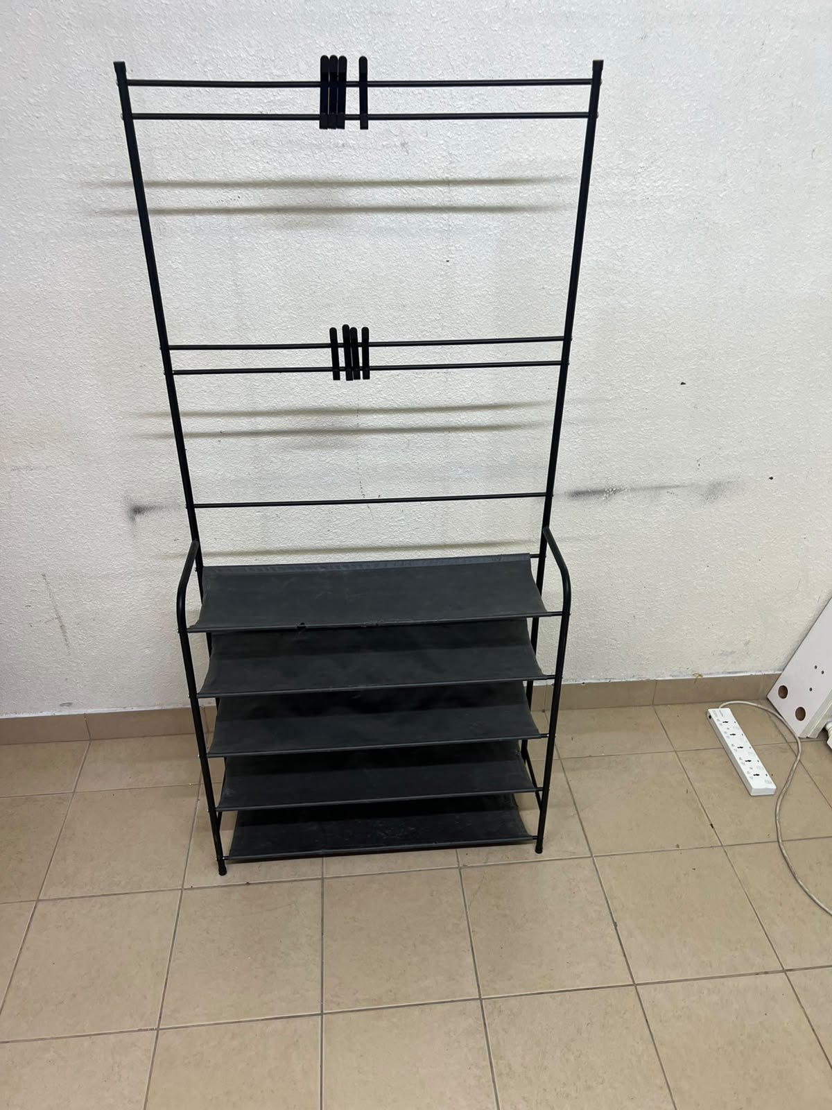 A versatile shoe and clothing organizer (5-tier, featuring top hangers) constructed from metal tubes and fabric storage shelves. - Image 2