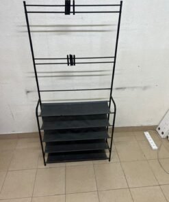 A versatile shoe and clothing organizer (5-tier, featuring top hangers) constructed from metal tubes and fabric storage shelves. - Image 3