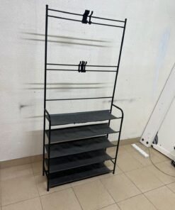 A versatile shoe and clothing organizer (5-tier, featuring top hangers) constructed from metal tubes and fabric storage shelves. - Image 4