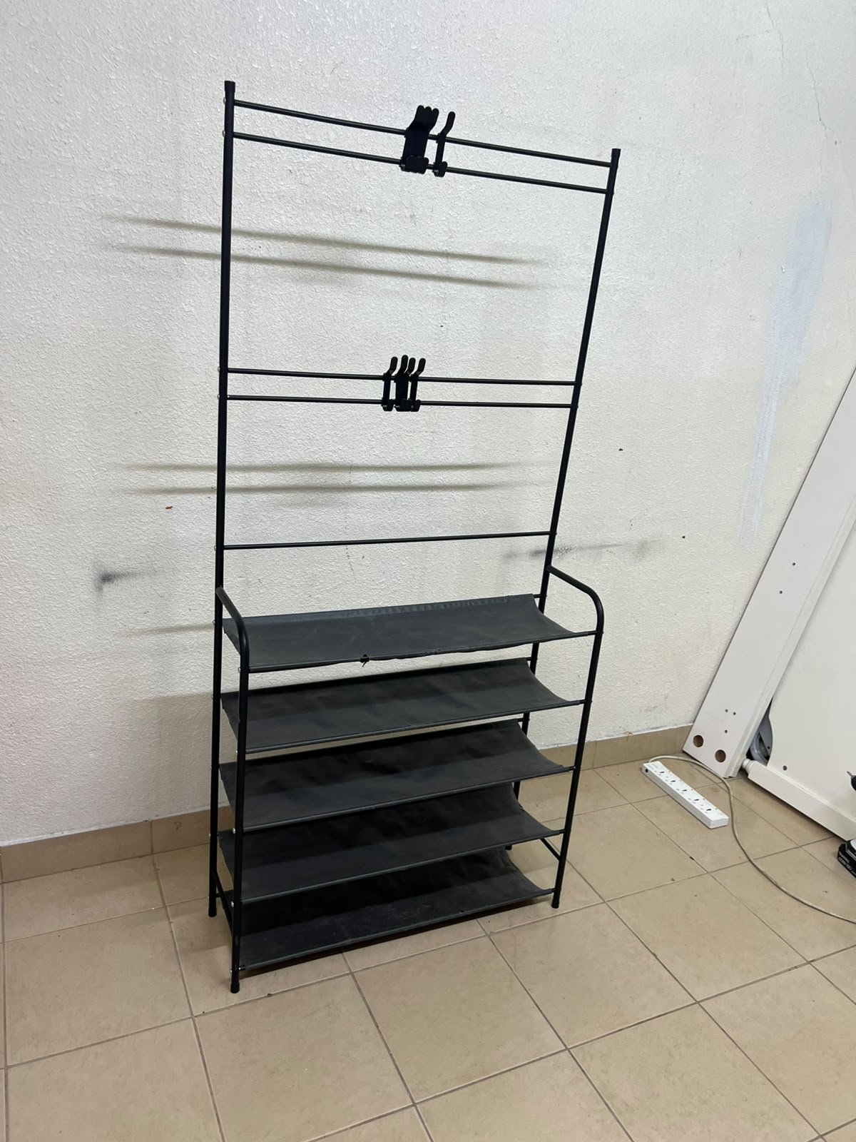 A versatile shoe and clothing organizer (5-tier, featuring top hangers) constructed from metal tubes and fabric storage shelves. - Image 4