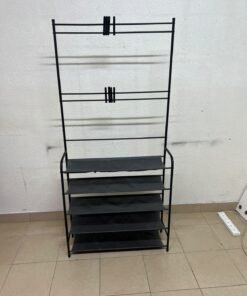 A versatile shoe and clothing organizer (5-tier, featuring top hangers) constructed from metal tubes and fabric storage shelves. - Image 5