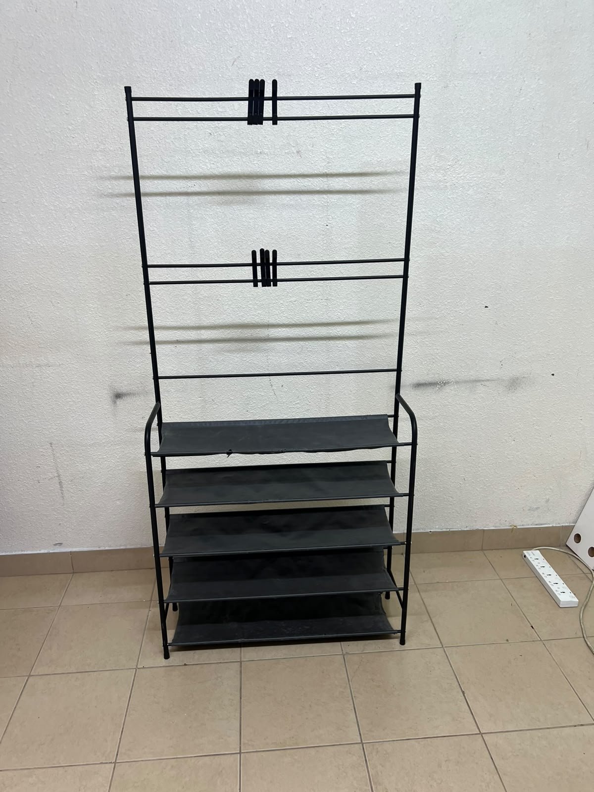 A versatile shoe and clothing organizer (5-tier, featuring top hangers) constructed from metal tubes and fabric storage shelves. - Image 5