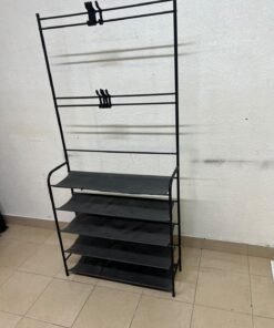 A versatile shoe and clothing organizer (5-tier, featuring top hangers) constructed from metal tubes and fabric storage shelves. - Image 6