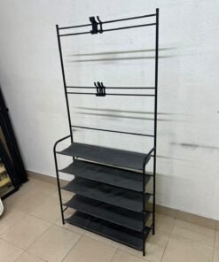 A versatile shoe and clothing organizer (5-tier, featuring top hangers) constructed from metal tubes and fabric storage shelves.