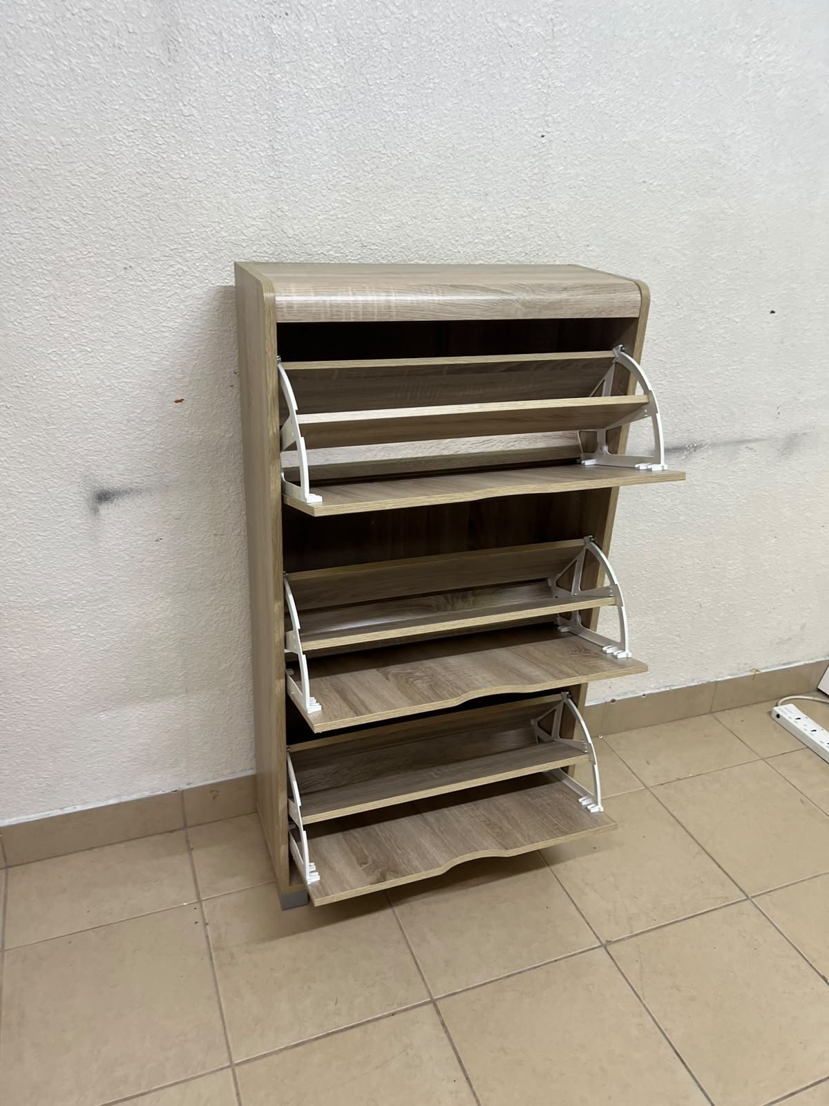 Slim 3-drawer shoe cabinet with a fold-out design, in a natural oak finish. - Image 10