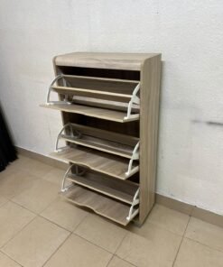 Slim 3-drawer shoe cabinet with a fold-out design, in a natural oak finish. - Image 11