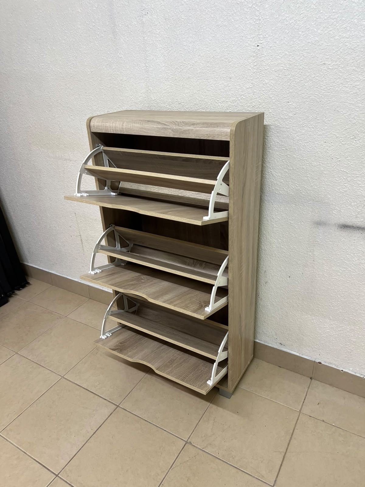 Slim 3-drawer shoe cabinet with a fold-out design, in a natural oak finish. - Image 11