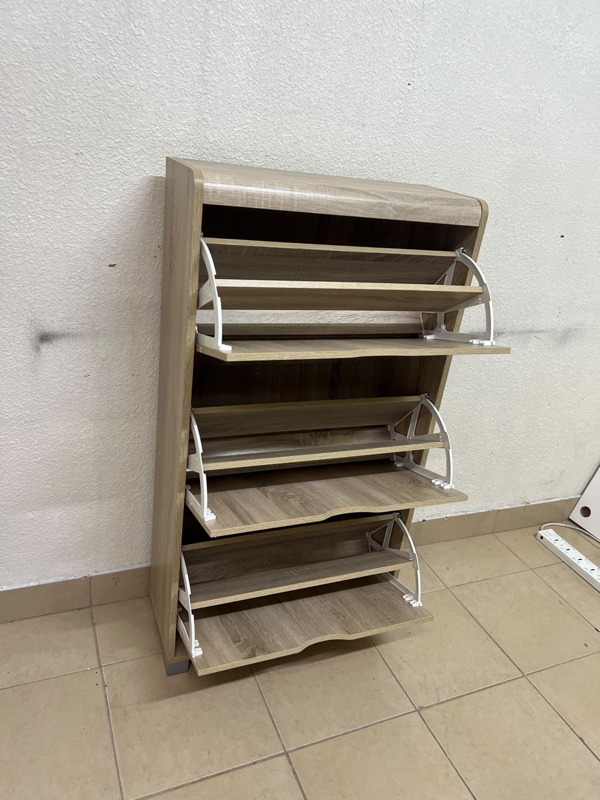 Slim 3-drawer shoe cabinet with a fold-out design, in a natural oak finish. - Image 8