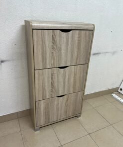 Slim 3-drawer shoe cabinet with a fold-out design, in a natural oak finish. - Image 7