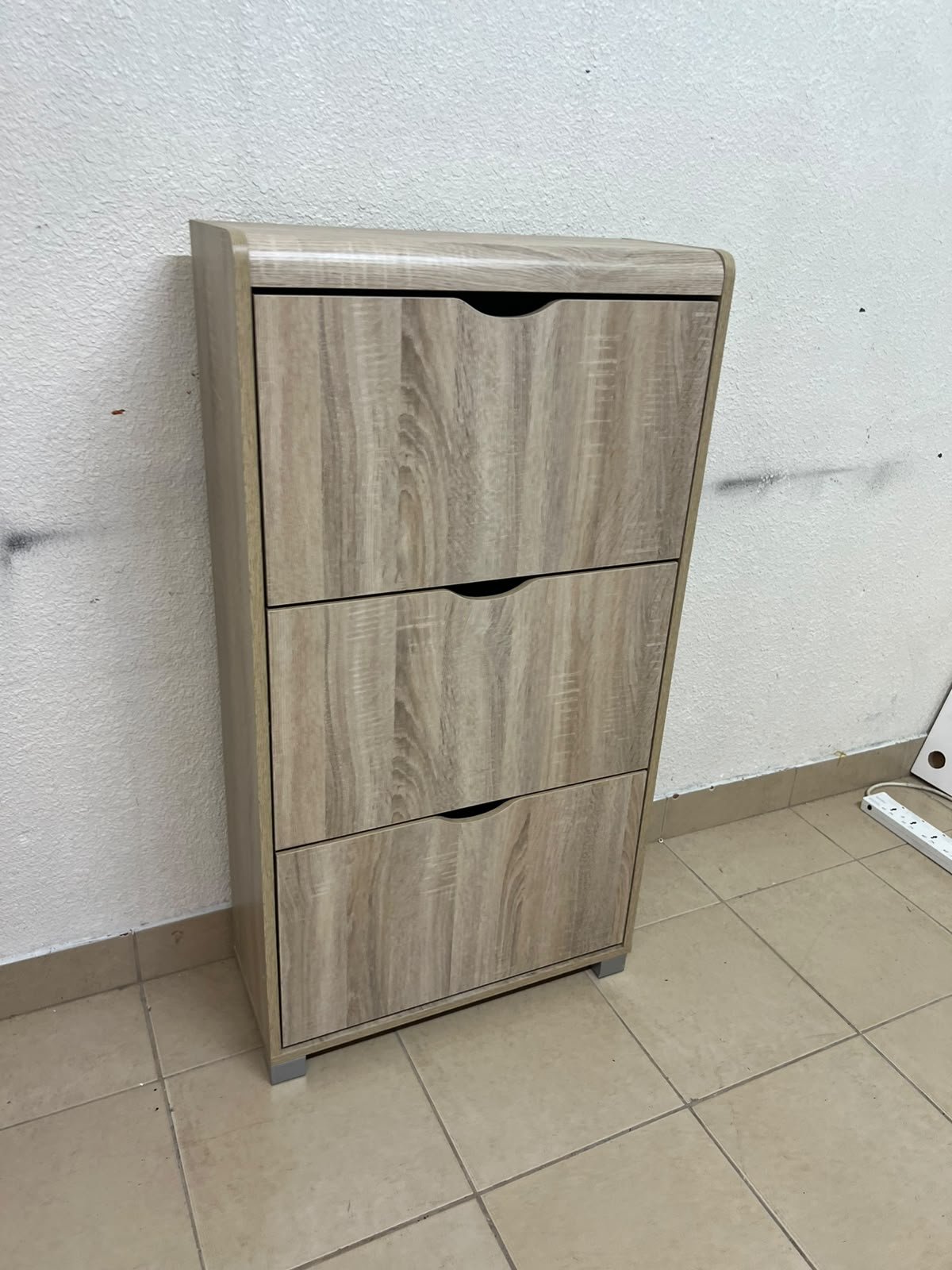 Slim 3-drawer shoe cabinet with a fold-out design, in a natural oak finish. - Image 7