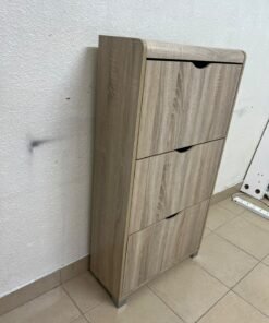 Slim 3-drawer shoe cabinet with a fold-out design, in a natural oak finish. - Image 6