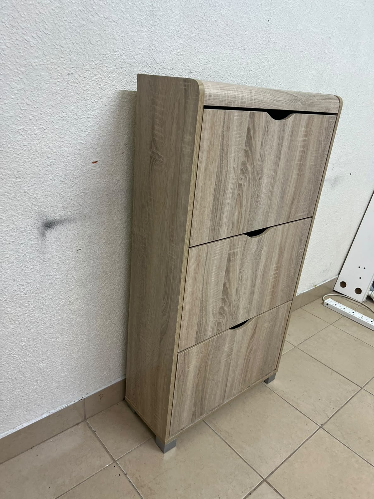 Slim 3-drawer shoe cabinet with a fold-out design, in a natural oak finish. - Image 6