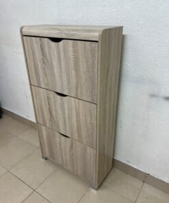 Slim 3-drawer shoe cabinet with a fold-out design, in a natural oak finish. - Image 2