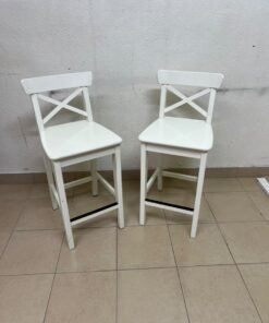 White bar stool with a backrest from IKEA (similar to the ROSENTORP high chair with backrest or the INGOLF model).
