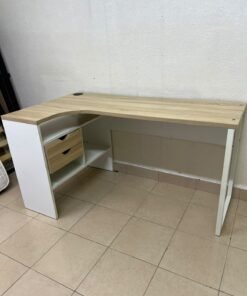An L-shaped corner desk in white, featuring a light wood-tone (oak) surface and two drawers, complete with side storage units that include two drawers and open shelving. - Image 9