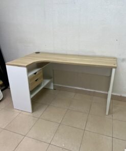 An L-shaped corner desk in white, featuring a light wood-tone (oak) surface and two drawers, complete with side storage units that include two drawers and open shelving. - Image 4