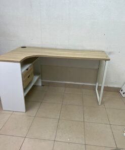 An L-shaped corner desk in white, featuring a light wood-tone (oak) surface and two drawers, complete with side storage units that include two drawers and open shelving. - Image 5