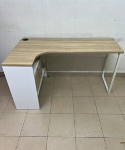 An L-shaped corner desk in white, featuring a light wood-tone (oak) surface and two drawers, complete with side storage units that include two drawers and open shelving. - Image 6