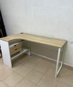 An L-shaped corner desk in white, featuring a light wood-tone (oak) surface and two drawers, complete with side storage units that include two drawers and open shelving. - Image 8