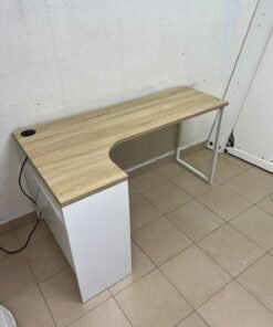 An L-shaped corner desk in white, featuring a light wood-tone (oak) surface and two drawers, complete with side storage units that include two drawers and open shelving. - Image 10