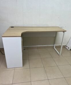 An L-shaped corner desk in white, featuring a light wood-tone (oak) surface and two drawers, complete with side storage units that include two drawers and open shelving. - Image 11